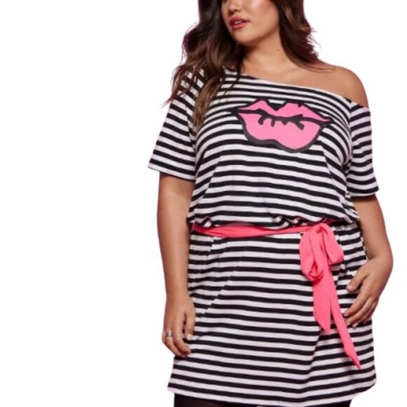 Betsey Johnson X Torrid Womens Off Shoulder Mini T Shirt Dress Striped Lip L - Picture 2 of 4